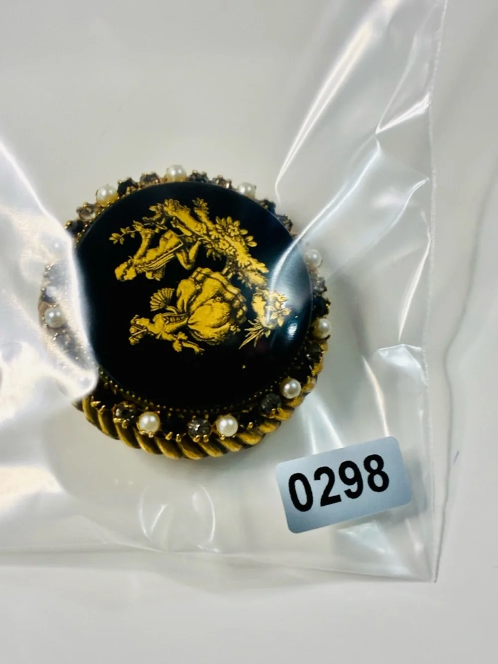 VTG Original By Robert Black and Gold Enamel Brooch with Pearls Courting Scene